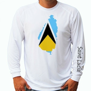 Saint Lucia Flagge Karte Ozean Angeln Shirt UPF 50 Langarm T-Shirt Sonne UV-Schutz vorn oder hinten
