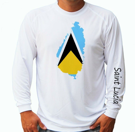 Saint Lucia Flag Map Ocean Fishing Shirt UPF 50 Long Sleeve T-shirt Sun UV  Protection Front or Back 