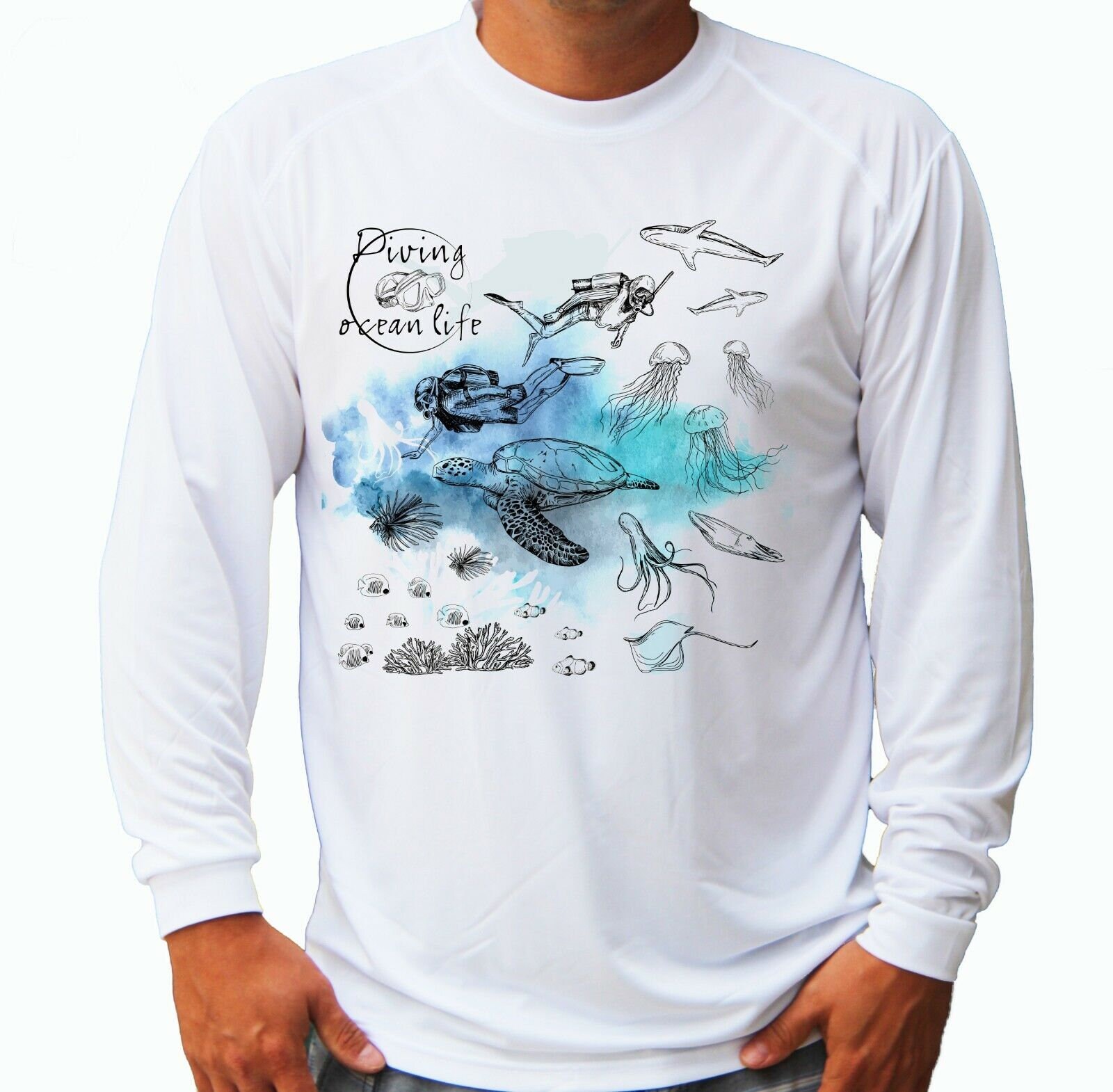 Nautical Turtle Ocean Sea Life Boat Sport Fishing Shirt UPF 50 Long Sleeve T-Shirt Sun UV Protection Front or Back