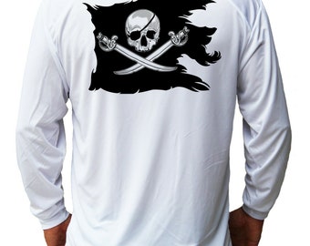 Pirate Flag Capitan Boat Fishing Shirt UPF 50 Long Sleeve T-Shirt Sun UV Protection Front or Back