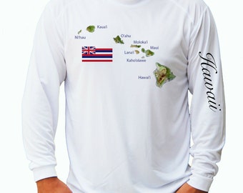 Koszulka wędkarska Hawaii Ocean Boat Sport z flagą Hawaii z długim rękawem i filtrem UV UPF 50 z przodu lub z tyłu