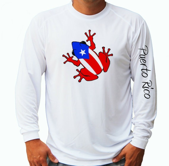 Puerto Rico Flag Coqui Frog Ocean Fishing Shirt UPF 50 Long Sleeve T-Shirt  Sun UV Protection Front or Back