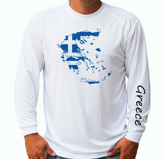 Greece Flag Map Ocean Fishing Shirt UPF 50 Long Sleeve T-shirt Sun UV  Protection Front or Back 