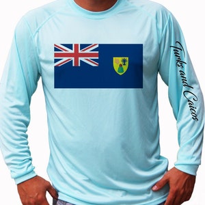 Turks and Caicos Islands Flag Ocean Fishing Shirt UPF 50 Long Sleeve T-Shirt Sun UV Protection Front or Back