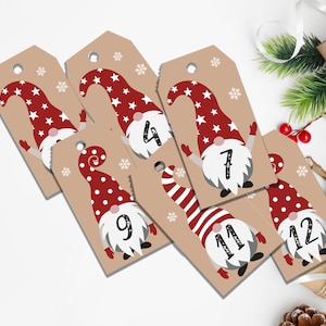 May include: Twelve brown gift tags with a gnome design. Each tag features a different gnome with a red hat and a number from 1 to 12. The tags are perfect for a Christmas advent calendar.