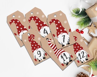 Christmas Countdown Tags Printable, DIY Advent Calendar, 24 days until Christmas, Printable Numbers 1 - 24