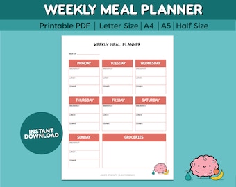 Weekly Meal Planner Printable | Grocery List (Digital Download)