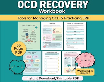 May include: The OCD Recovery Workbook is a 55-page PDF bundle featuring tools for managing OCD and practicing ERP. It includes illustrated worksheets with a teal heart and pink brain character, plus text on compulsions and exposure hierarchy.