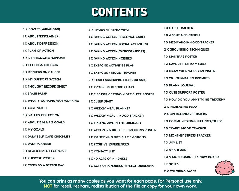 K&ouml;nnte beinhalten: Eine gr&uuml;n-wei&szlig;e druckbare Checkliste mit dem Wort "CONTENTS" in gro&szlig;en, fetten, wei&szlig;en Buchstaben oben. Die Checkliste ist in zwei Spalten unterteilt und listet verschiedene druckbare Ressourcen f&uuml;r psychische Gesundheit und Wohlbefinden auf, wie z. B. "Gedanken neu bewerten", "Plan f&uuml;r &Uuml;bungsaktivit&auml;ten", "T&auml;gliche Selbstpflege-Checkliste", "Staunen im Gew&ouml;hnlichen finden", "Herausforderungen &uuml;berwinden", "Gef&uuml;hle/Bed&uuml;rfnisse kommunizieren", "J&auml;hrlicher Stimmungs-Tracker", "Freudenliste", "Dankbarkeit", "Vision Board", "Jetzt-Board", "Malvorlagen" und mehr. Der Text "Sie k&ouml;nnen so viele Kopien drucken, wie Sie f&uuml;r jede Seite ben&ouml;tigen. Nur f&uuml;r den pers&ouml;nlichen Gebrauch. NICHT zum Weiterverkauf, Teilen, Weiterverteilen der Datei oder zum Kopieren f&uuml;r Ihre eigene Arbeit." befindet sich am unteren Rand der Checkliste.