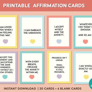 Carte di affermazione / Amore di sé / Carte di affermazione stampabili / Carte di ansia / Carte di affermazione positiva / Carte di consapevolezza