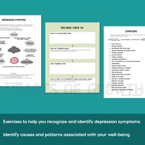 K&ouml;nnte beinhalten: Ein druckbares Arbeitsblatt mit gr&uuml;nem Hintergrund und drei Abschnitten mit den &Uuml;berschriften "Depressionssymptome", "Gef&uuml;hlscheck" und "Symptome". Das Arbeitsblatt enth&auml;lt eine Checkliste der Symptome, einen Gef&uuml;hlscheck und einen Abschnitt, um Ursachen und Muster zu identifizieren, die mit dem Wohlbefinden zusammenh&auml;ngen.