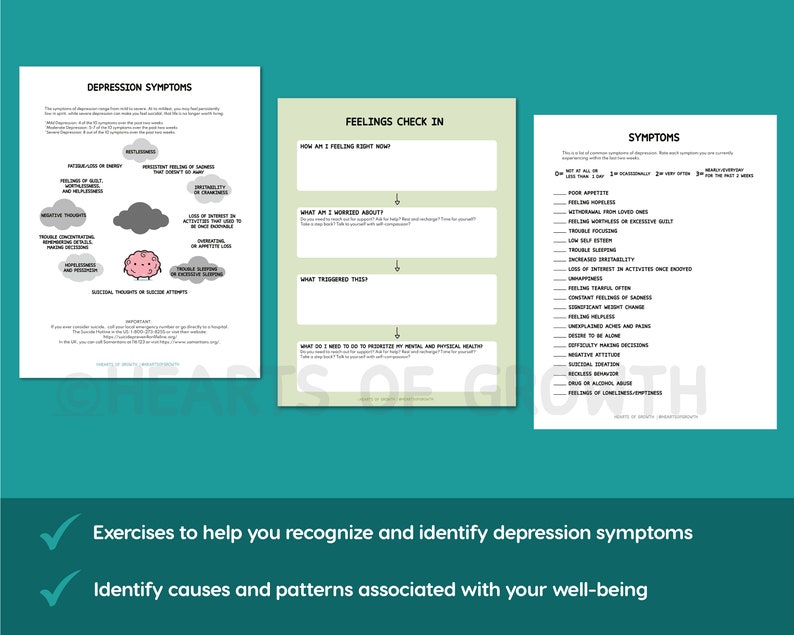 K&ouml;nnte beinhalten: Ein druckbares Arbeitsblatt mit gr&uuml;nem Hintergrund und drei Abschnitten mit den &Uuml;berschriften "Depressionssymptome", "Gef&uuml;hlscheck" und "Symptome". Das Arbeitsblatt enth&auml;lt eine Checkliste der Symptome, einen Gef&uuml;hlscheck und einen Abschnitt, um Ursachen und Muster zu identifizieren, die mit dem Wohlbefinden zusammenh&auml;ngen.
