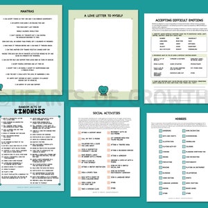 K&ouml;nnte beinhalten: Ein druckbares Arbeitsblatt mit gr&uuml;nem und wei&szlig;em Hintergrund. Das Arbeitsblatt enth&auml;lt Abschnitte f&uuml;r Mantras, einen Liebesbrief an sich selbst, die Akzeptanz schwieriger Emotionen, zuf&auml;llige Freundlichkeiten, soziale Aktivit&auml;ten und Hobbys. Das Arbeitsblatt soll bei der Selbstpflege und dem pers&ouml;nlichen Wachstum helfen.