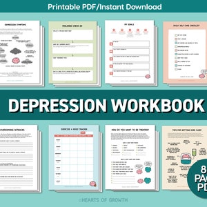 K&ouml;nnte beinhalten: Ein 80-seitiges druckbares PDF-Arbeitsbuch mit dem Titel "DEPRESSION WORKBOOK" mit einer rosa Gehirngraphik. Das Arbeitsbuch enth&auml;lt Abschnitte zu Depressionssymptomen, Gef&uuml;hlscheck, meinen Zielen, t&auml;glicher Selbstpflege-Checkliste, &Uuml;berwindung von R&uuml;ckschl&auml;gen, Trainings- und Stimmungstracker, wie m&ouml;chten Sie behandelt werden und Tipps, um mehr Schlaf zu bekommen.