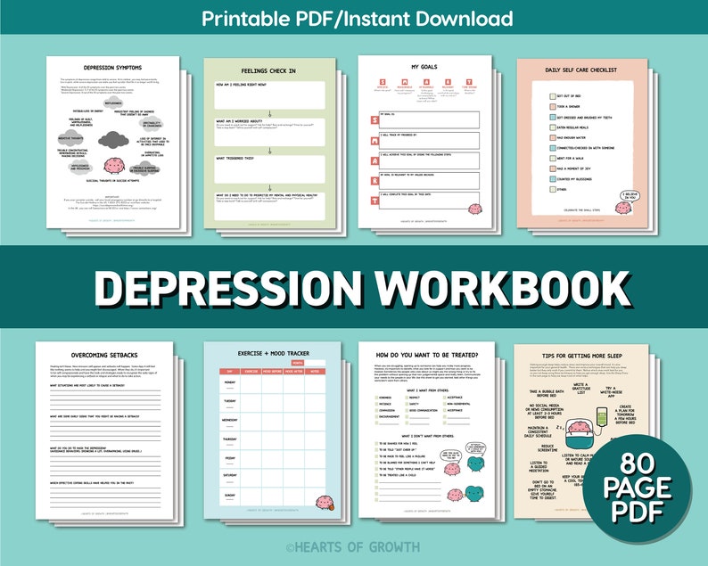 K&ouml;nnte beinhalten: Ein 80-seitiges druckbares PDF-Arbeitsbuch mit dem Titel "DEPRESSION WORKBOOK" mit einer rosa Gehirngraphik. Das Arbeitsbuch enth&auml;lt Abschnitte zu Depressionssymptomen, Gef&uuml;hlscheck, meinen Zielen, t&auml;glicher Selbstpflege-Checkliste, &Uuml;berwindung von R&uuml;ckschl&auml;gen, Trainings- und Stimmungstracker, wie m&ouml;chten Sie behandelt werden und Tipps, um mehr Schlaf zu bekommen.