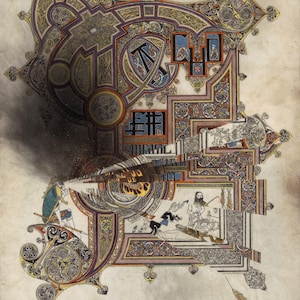 Può includere: Pagina di manoscritto miniato con intricati nodi celtici e disegni geometrici. L'opera presenta una tavolozza di colori viola, oro, blu e rosso, con illustrazioni dettagliate di figure e animali. Pagina di un testo religioso storico.