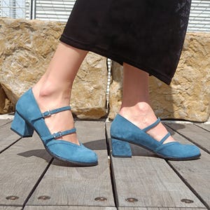 Dusty Blue Leather Handmade  Mary Jane Shoes for Women, Retro Double Strap Block Heel Pumps, Vintage Style Comfortable Dress Shoes