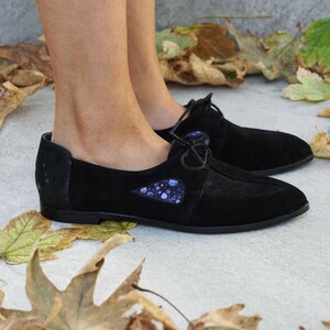 Custom, Handmade, Full-Grain Leather Womens Leather Oxfords Black and Glare