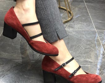 Scarpe Mary Jane fatte a mano in pelle blu polvere per donna, décolleté con tacco a blocco e doppio cinturino retrò, comode scarpe eleganti in stile vintage