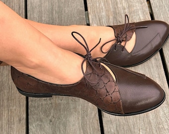 Genuine Dark Brown Leather Oxford Flats with Textured Panels and Lace Up Design – Custom Vintage Inspired Customizable Comfort Shoes