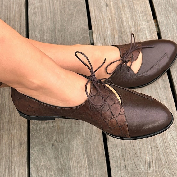 Genuine Dark Brown Leather Oxford Flats with Textured Panels and Lace Up Design – Custom Vintage Inspired Customizable Comfort Shoes