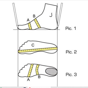 May include: Diagram illustrating foot measurement techniques for shoe sizing. The image shows three different views of a foot with labeled measurement points A, B, and C, along with the text "Pic. 1", "Pic. 2", and "Pic. 3".
