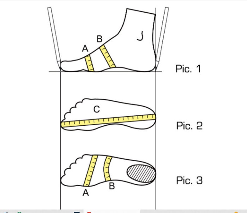 May include: Diagram illustrating foot measurement techniques for shoe sizing. The image shows three different views of a foot with labeled measurement points A, B, and C, along with the text "Pic. 1", "Pic. 2", and "Pic. 3".