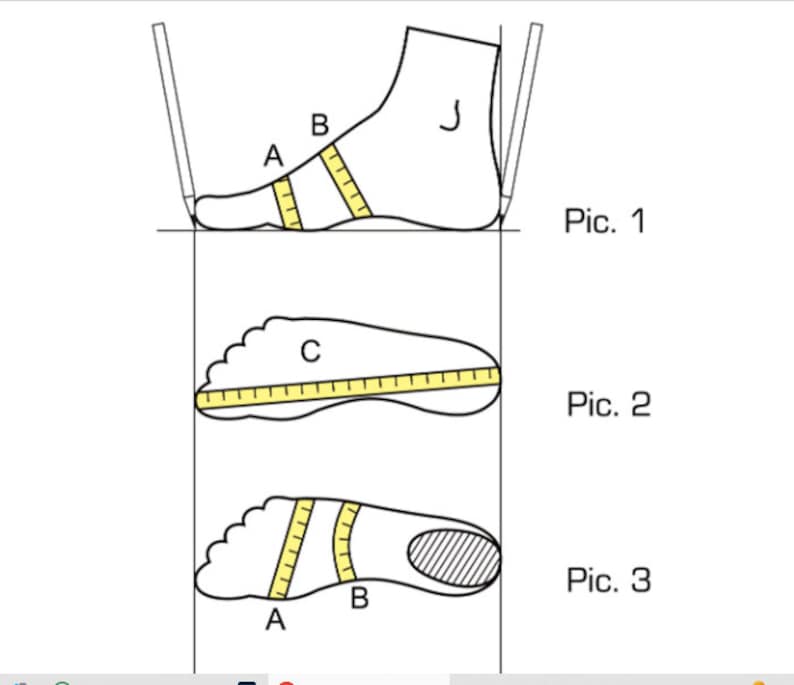 May include: Diagram illustrating foot measurement techniques for shoe sizing. The image shows three different views of a foot with labeled measurement points A, B, and C, along with the text "Pic. 1", "Pic. 2", and "Pic. 3".
