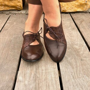 May include: Brown leather lace-up shoes with cut-out detailing. The shoes have a pointed toe and a low heel.