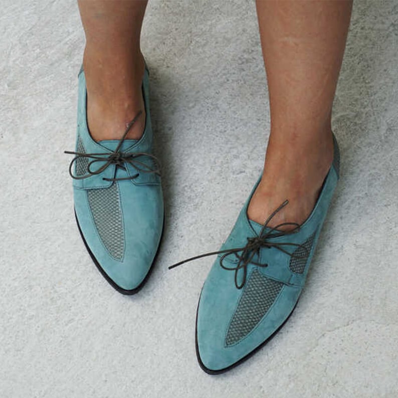 Custom, Handmade, Full-Grain Leather Womens Leather Oxfords Blue