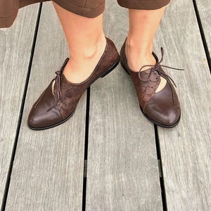 May include: Brown leather lace-up shoes with a cut-out design on the side. The shoes have a pointed toe and a flat heel.