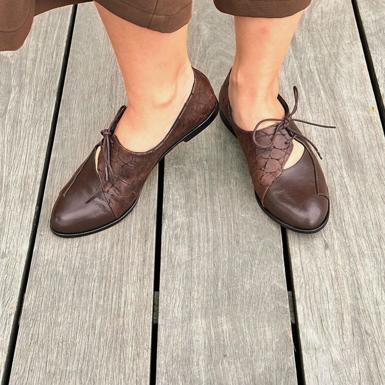 May include: Brown leather lace-up shoes with a cut-out design on the side. The shoes have a pointed toe and a flat heel.