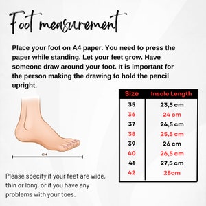 May include: Diagram illustrating foot measurement instructions. Includes a drawing of a foot, a ruler in centimeters, and a size chart with corresponding insole lengths from 23.5 cm to 28 cm. Text advises on how to measure feet.