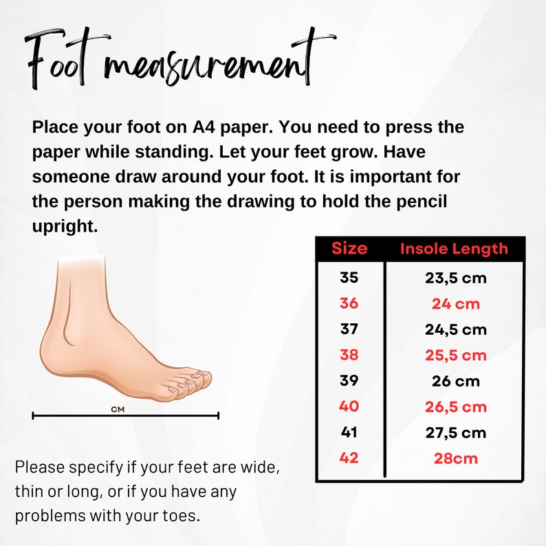 May include: Diagram illustrating foot measurement instructions. Includes a drawing of a foot, a ruler in centimeters, and a size chart with corresponding insole lengths from 23.5 cm to 28 cm. Text advises on how to measure feet.