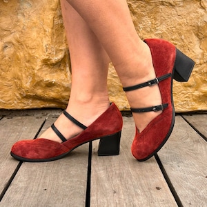 Red Suede Mary Jane Heels for Women | Suede Handmade Double Strap Block Heel Pumps | Vintage Inspired Square Toe Elegant Handmade Party Shoe