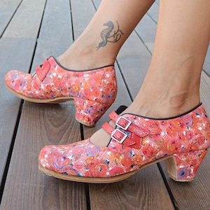 Professional Flamenco Dance Shoes, Handmade Shoes Colorful Artistic Leather Heels with Double Straps Floral & Rose Patterned Artistic Heels