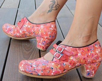 Professional Flamenco Dance Shoes, Handmade Shoes Colorful Artistic Leather Heels with Double Straps Floral & Rose Patterned Artistic Heels