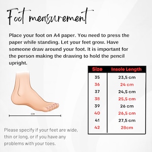 May include: Diagram illustrating foot measurement instructions. Includes a drawing of a foot, a ruler in centimeters, and a size chart with corresponding insole lengths from 23.5 cm to 28 cm. Text advises on how to measure feet.