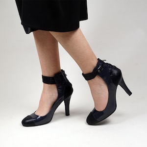 Custom, Handmade, Full-Grain Leather Heels Women's Shoes Navy Blue