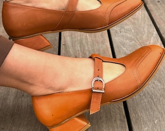 Cognac Brown Genuine Leather Mary Jane Shoes | Retro Instep Strap Block Heel Pumps | Vintage Style Comfortable Dress Shoes for Women