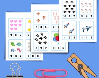 Printables and Worksheets, Counting and Numbers, Counting Clip Cards [put the clip on the right number], Yelicious Educational Games