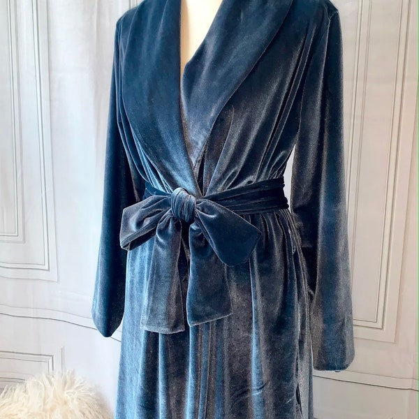 Satin Lined Luxury Velvet Robe, Boudoir Robe, Velvet Duster, House Robe, Dressing Gown, Heavyweight Robe in Dusty Blue with Side Pockets