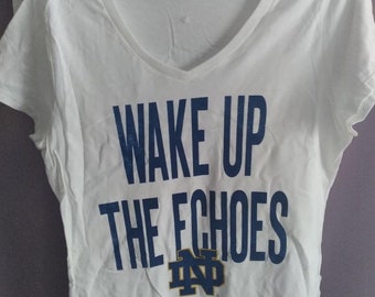 Notre Dame WAKE up the ECHOES ladies v neck T-shirt by Russell Athletic New without tags