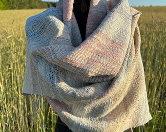 Ręcznie tkany szal na lato - Pastelowy wzór w romby - Naturalny len, merino i bawełna