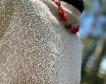 Handwoven Linen Scarf Mokosh Slavic Goddess, Pure Linen Wrap 60x200cm, Pagan Folk Art Shawl, Undyed & White Handloom Linen Scarf
