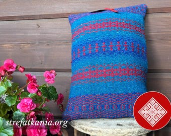 Handwoven Wool Pillow Cover 30x50, Upcycled Handloom Cushion, Eco Friendly Lumbar Pillowcase, Wool and Leather Decorative Cushion,