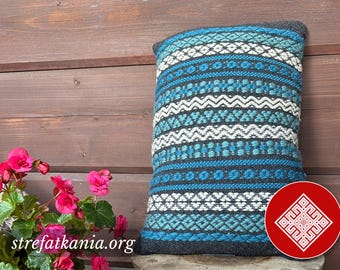Handwoven Wool Pillow Cover 30x50, Upcycled Handloom Cushion, Eco Friendly Lumbar Pillowcase, Wool and Leather Decorative Cushion,