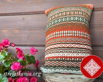 Handwoven Wool Pillow Cover 30x50, Upcycled Handloom Cushion, Eco Friendly Lumbar Pillowcase, Wool and Leather Decorative Cushion,