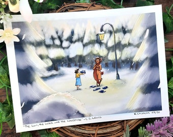 The Lion the Witch and the Wardrobe, Wall Art, Lucy meeting Mr Tumnus, A5 Print, Fantasy Illustration, Home Printed