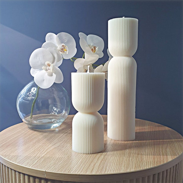 TARA | Nordic Ribbed Stripe Pillar Candle | Scented / Unscented, Home Decor, Vegan, Geometric, Unique Gift, Avant Garde